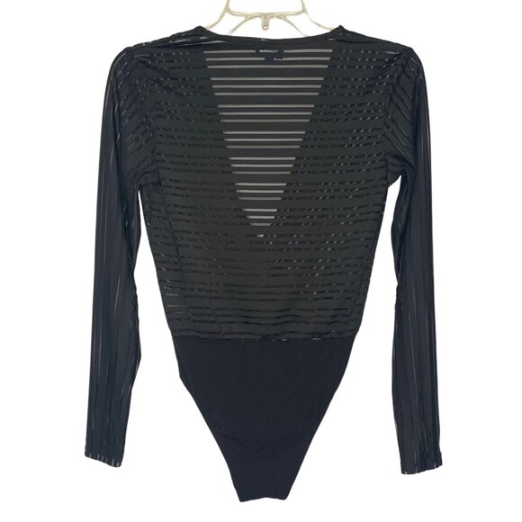 BARDOT From Aritzia Black Semi-Sheer Striped V-Neck Wrap Front Bodysuit Size 2 - Picture 6 of 7